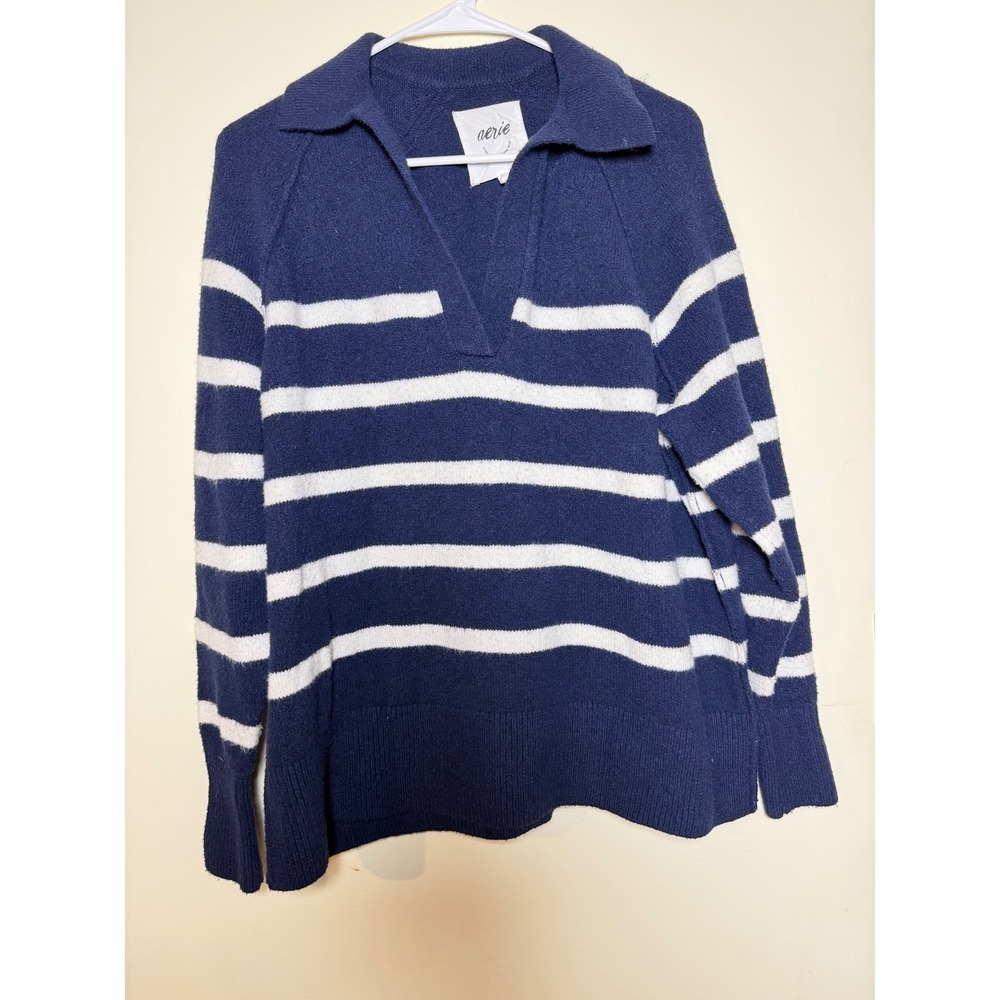 Aerie Womens Navy Blue White Striped Collared Split V-Neck Knit Sweater XS